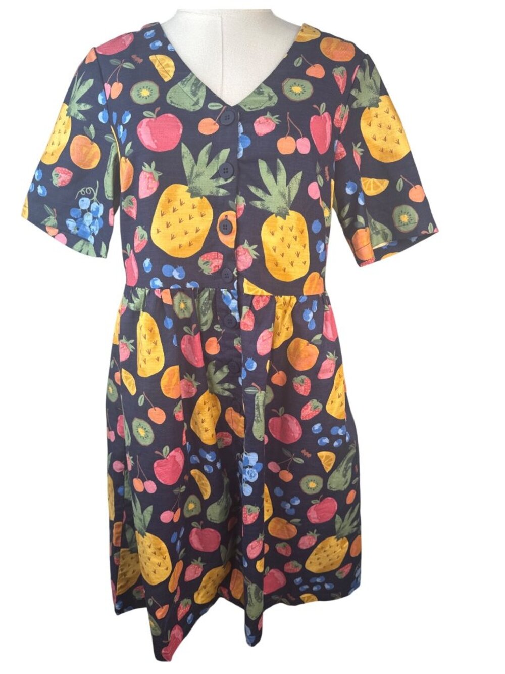 Princess Highway Size 6 Fruit Print Cotton Dress With V-Neckline & Button Front - Picture 2 of 16